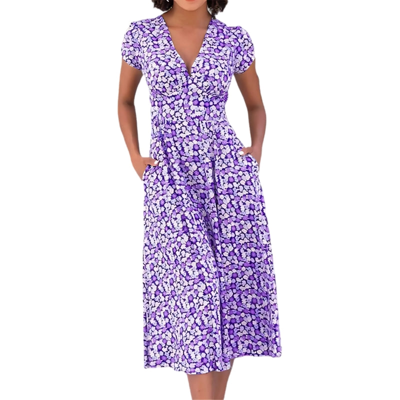 Joan – Floral Midi Dress with V-Neck and Cap Sleeves