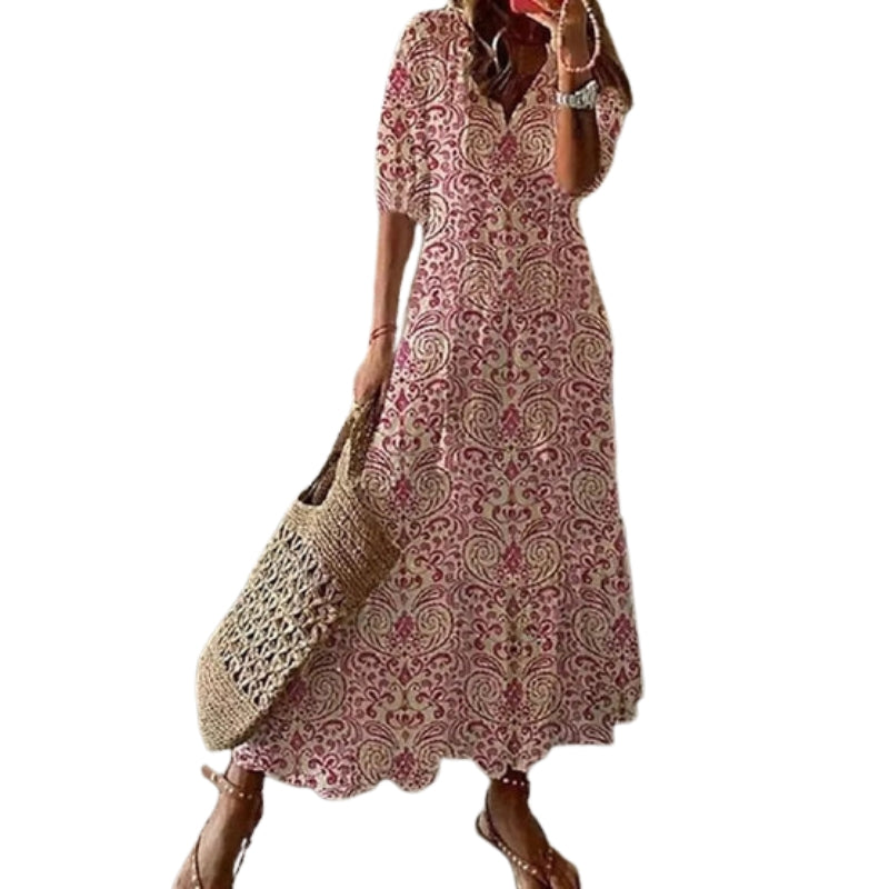 Elora – Short Sleeve Printed dress with V-Neck