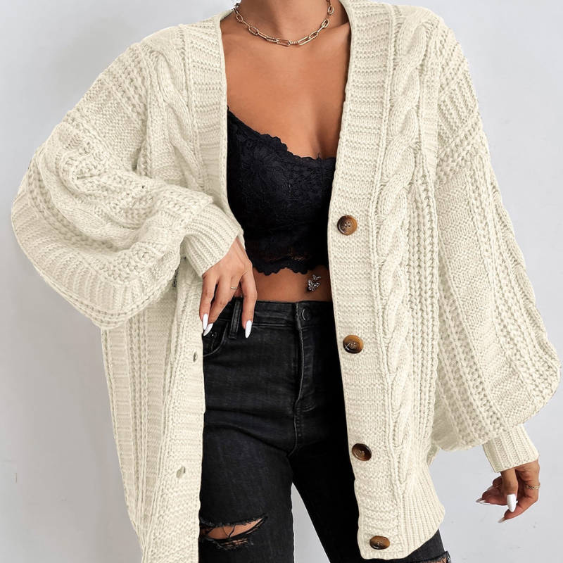 Anna – Cable Knit Cardigan With Button Front and Ribbed Trim