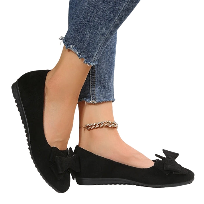 Hannah – Round Toe PU Flats with Bow Accent and Rubber Sole