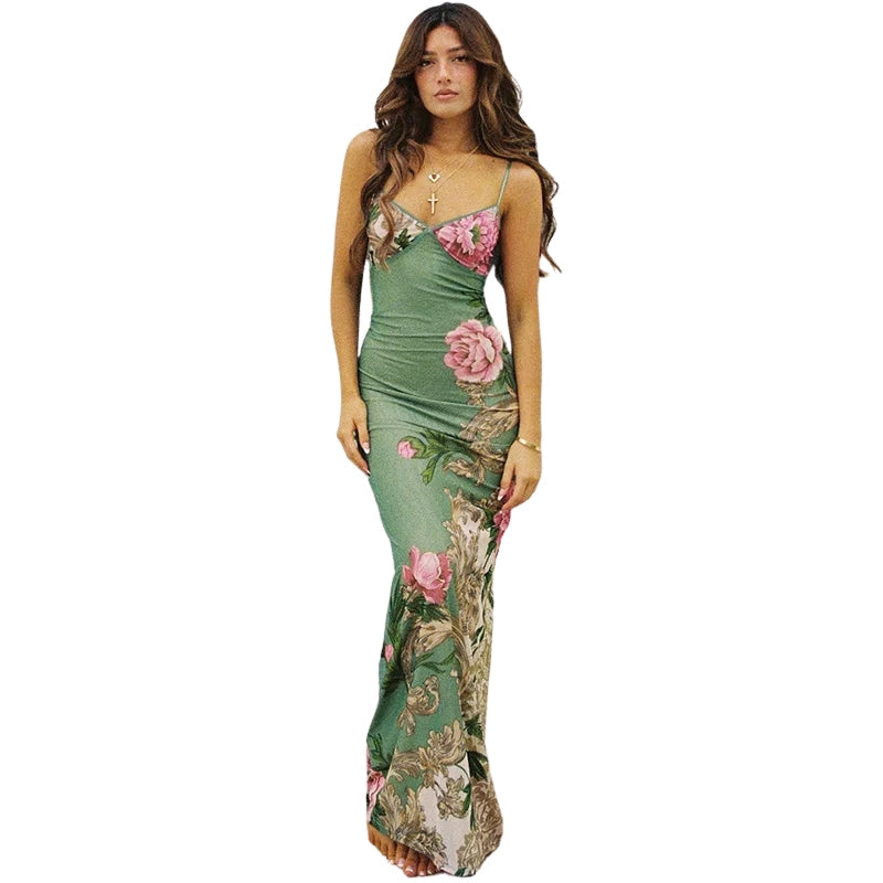 Elara – Floral Maxi Dress with Spaghetti Straps and Slim Silhouette