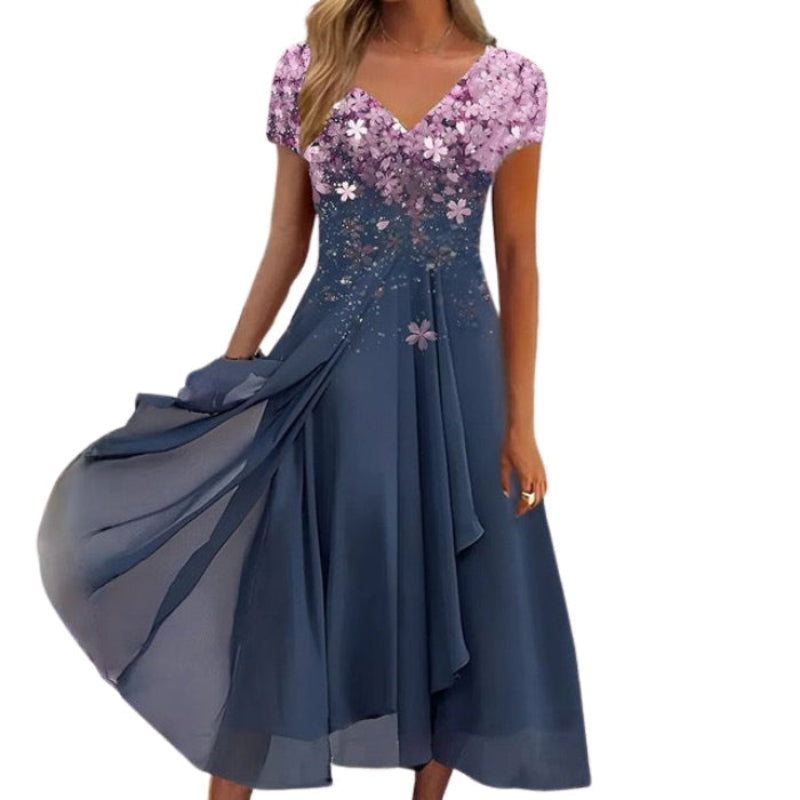 Elara – Maxi Dress with V-Neckline and Short Sleeves