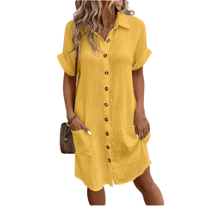Liora – Button-Down Short Sleeve Shirt Dress with Pockets