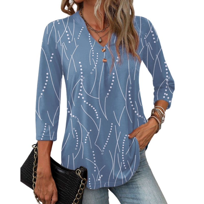 Marena – Patterned V-Neck Blouse with 3/4 Sleeves