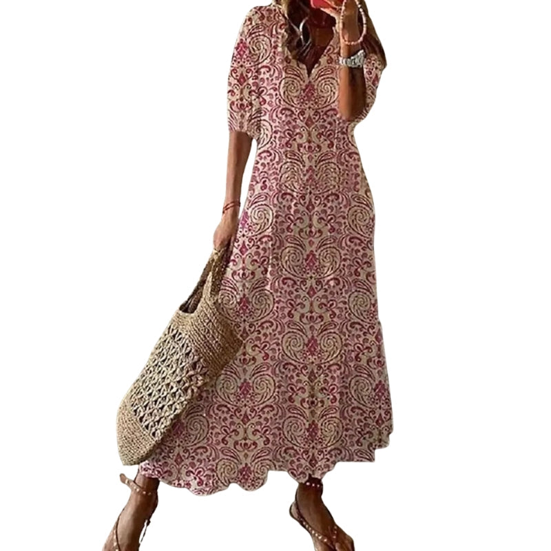 Isabelle – Casual Floral Print Dress with V-Neck and Short Sleeves