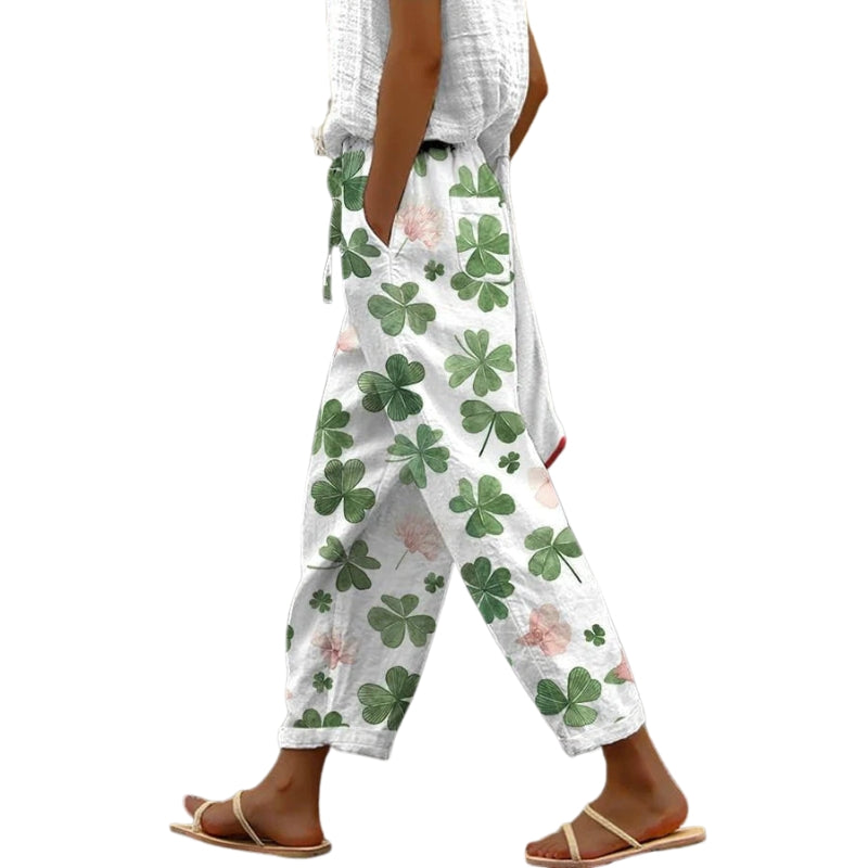 Emma – Loose Fit Floral Print Trousers with Rolled Legs and Drawstring Waist