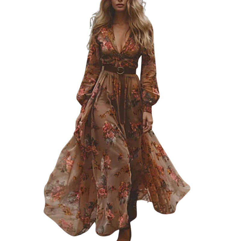 Valeria – Floral Maxi Dress with Long Sleeves, V-Neck and Pleated Design