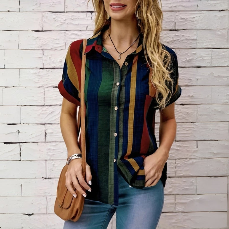 Clara – Striped Button-Down Blouse with Short Sleeves and Chest Pocket