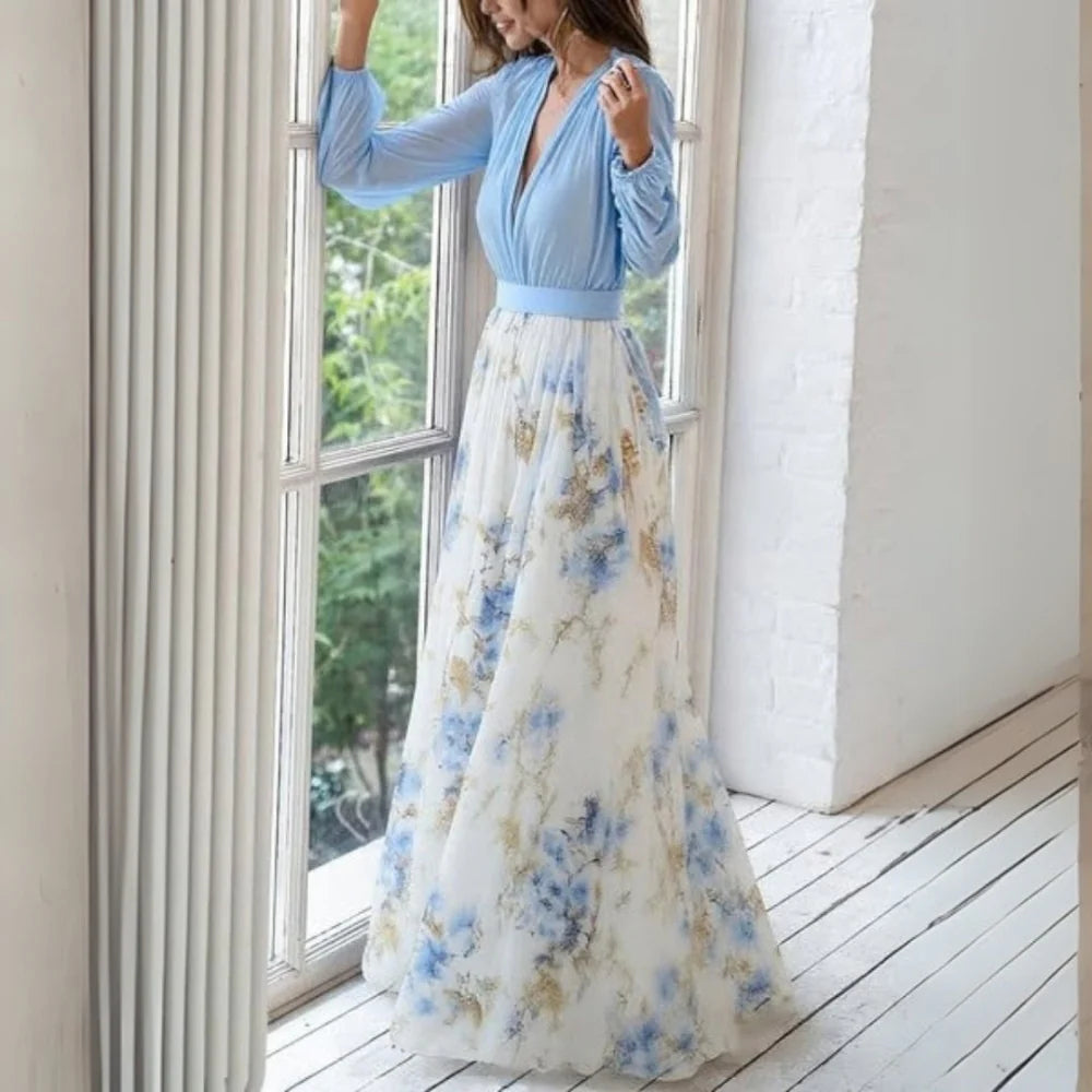 Elina – Long Sleeve Maxi Dress with V-Neck and Watercolor Floral Print