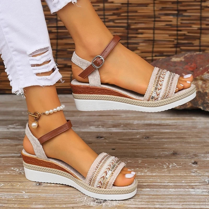 Celina – Thick Sole Embroidered Sandals with Adjustable Buckle