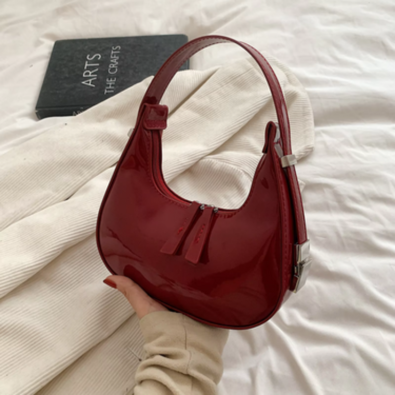Selena - Patent Leather Half-Moon Bag With Zipped Pocket And Adjustable Strap