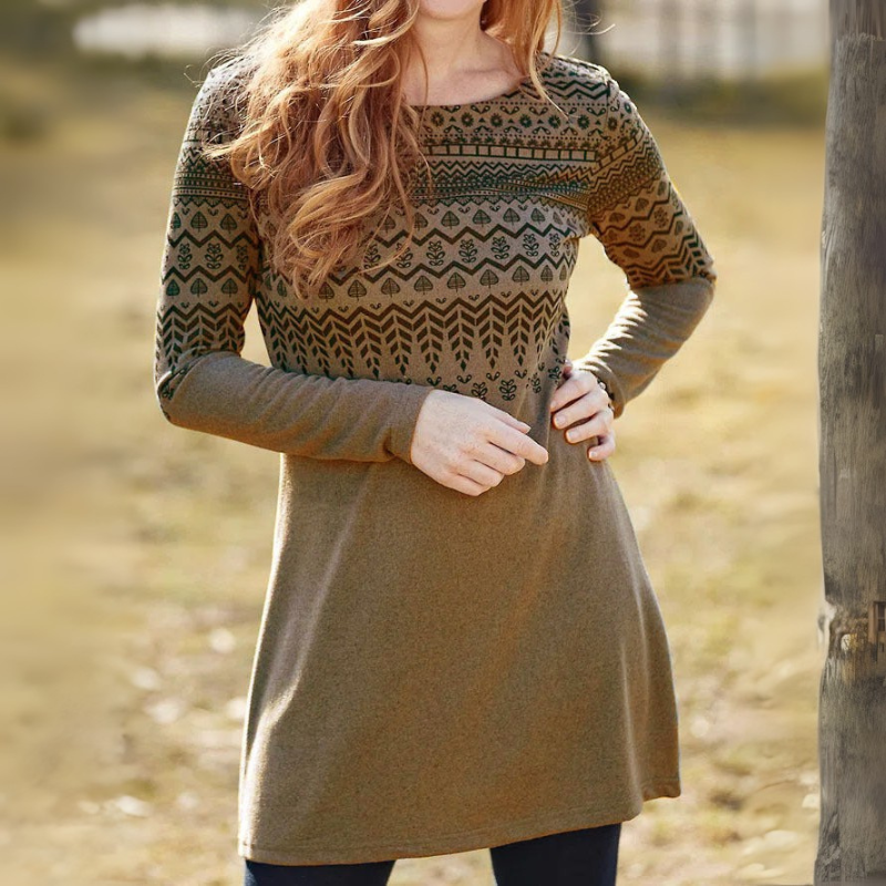 Elaris – Long Sleeve Dress With Geometric-Inspired Print in Brushed Fabric