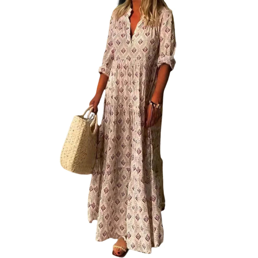 Leona – Long Sleeve V-Neck Floral Print Dress
