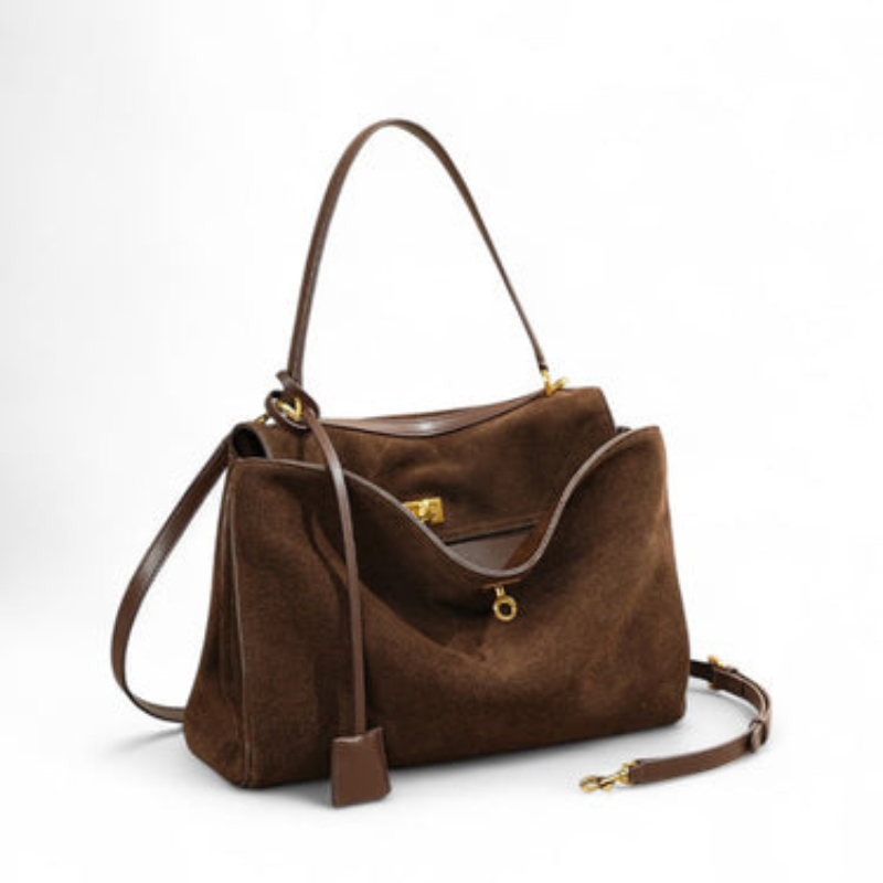 Isolde - Large Faux Suede Handbag with Rectangular Shape