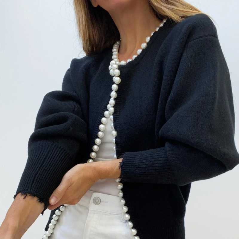 Maribel – Knit Cardigan With Pearl Trim and Ripped Hem