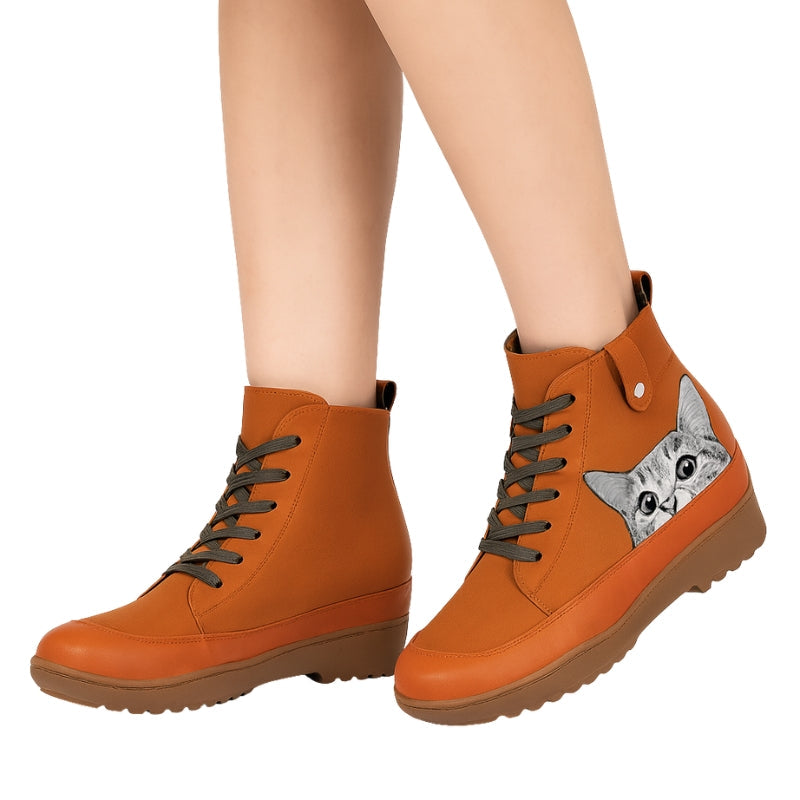 Angelika – Round Toe Ankle Boots with Cat Motif