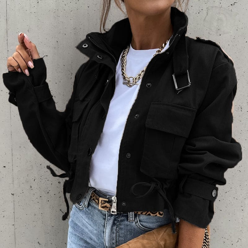 Sophia – Cropped Transition Jacket With Flap Pockets and Adjustable Waist