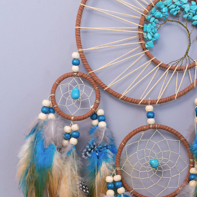 AuraNest – Turquoise Tree of Life Dream Catcher with Feather Accents