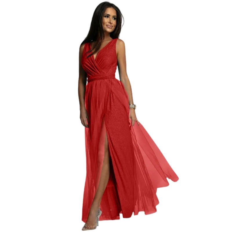 Selena – Women’s Sleeveless V-Neck Maxi Dress with Belted Waist and High Side Slits