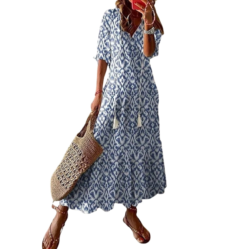 Isabelle – Casual Floral Print Dress with V-Neck and Short Sleeves
