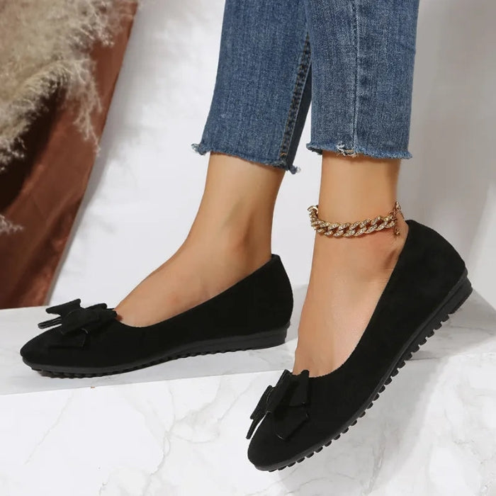 Hannah – Round Toe PU Flats with Bow Accent and Rubber Sole