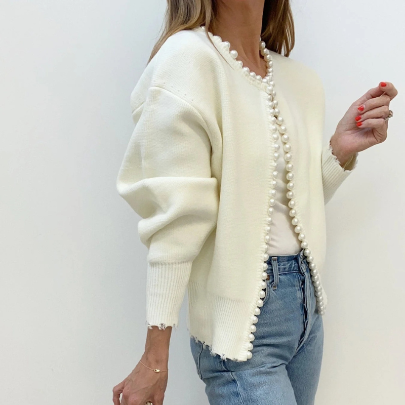 Maribel – Knit Cardigan With Pearl Trim and Ripped Hem
