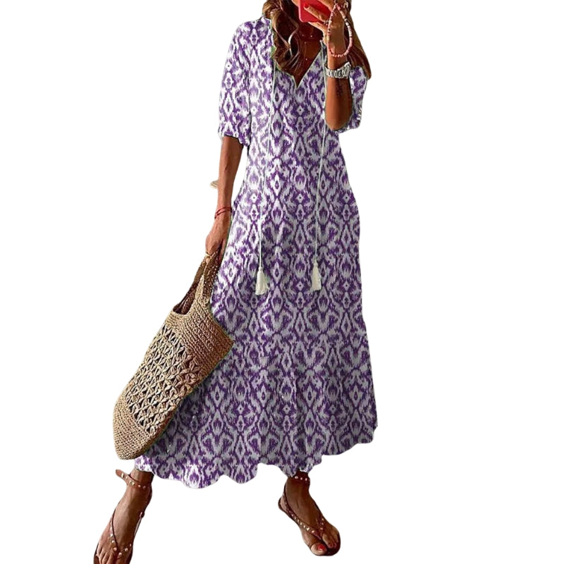 Elora – Short Sleeve Printed dress with V-Neck