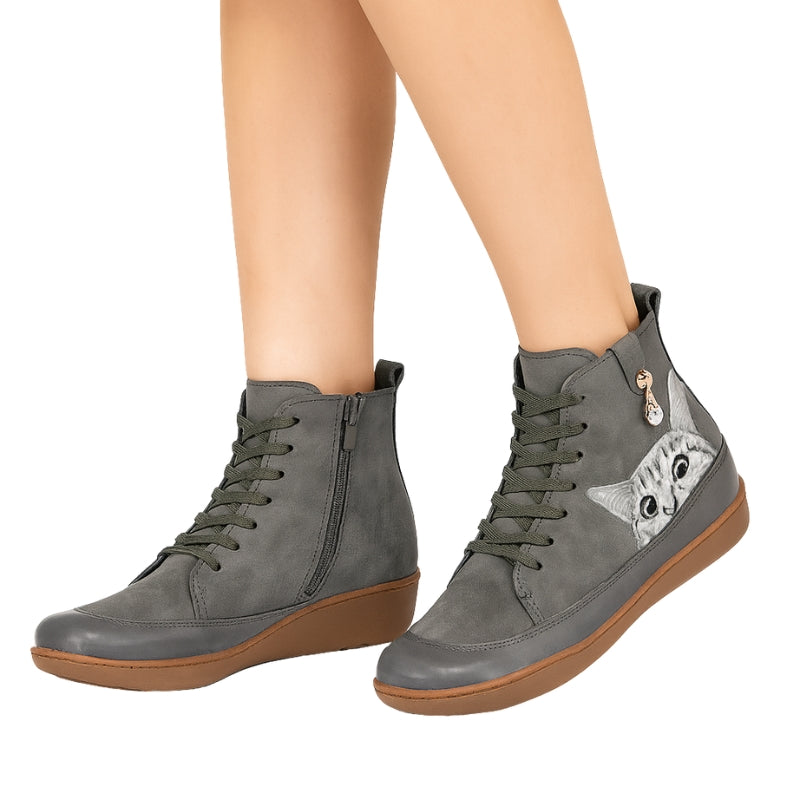 Angelika – Round Toe Ankle Boots with Cat Motif