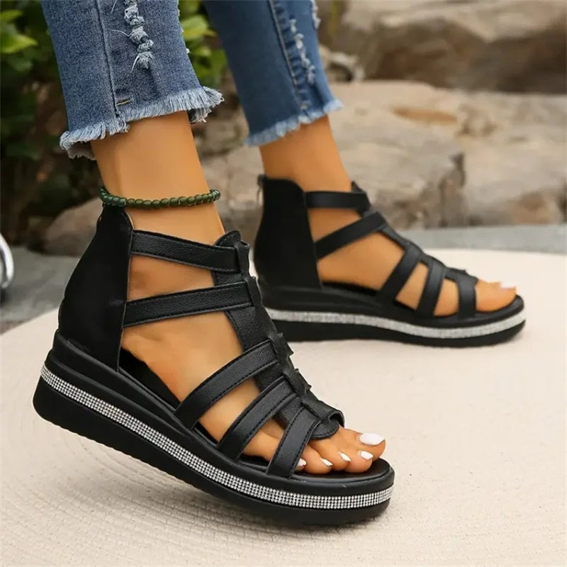 Sofia – Open-Toe Rhinestone Wedge Sandals with Breathable Upper
