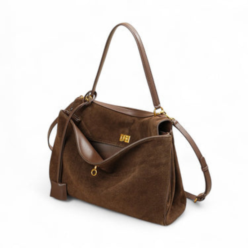 Isolde - Large Faux Suede Handbag with Rectangular Shape
