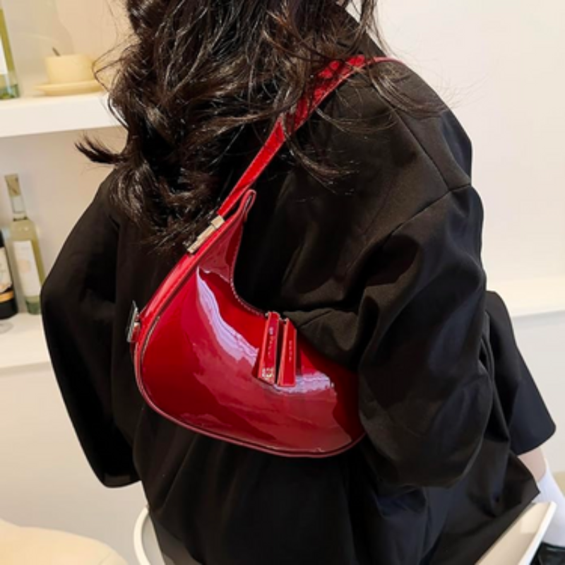 Selena - Patent Leather Half-Moon Bag With Zipped Pocket And Adjustable Strap