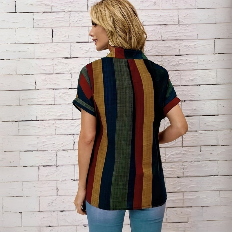 Clara – Striped Button-Down Blouse with Short Sleeves and Chest Pocket