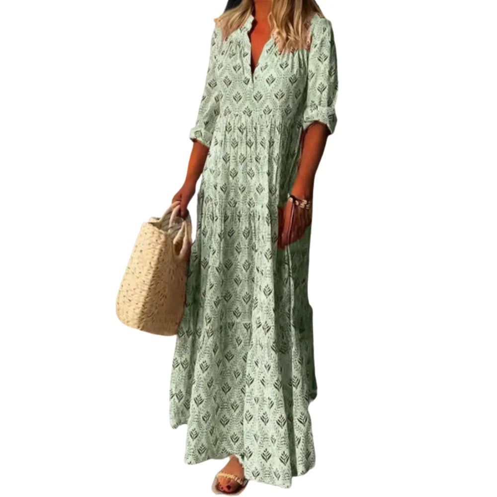 Leona – Long Sleeve V-Neck Floral Print Dress