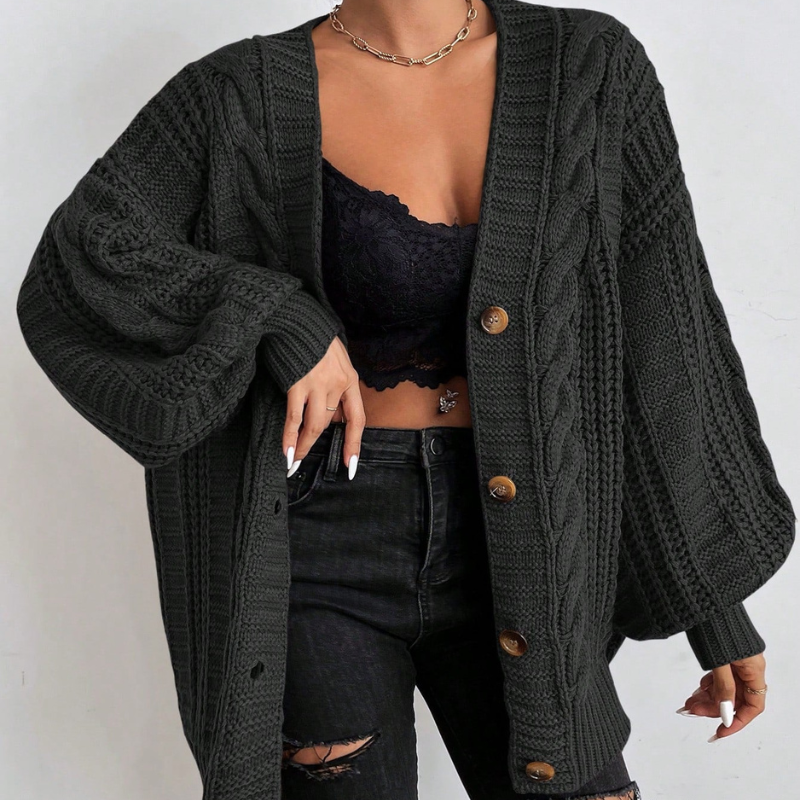 Anna – Cable Knit Cardigan With Button Front and Ribbed Trim