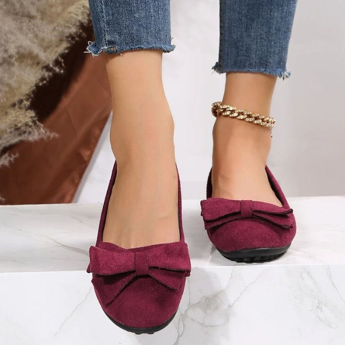 Hannah – Round Toe PU Flats with Bow Accent and Rubber Sole