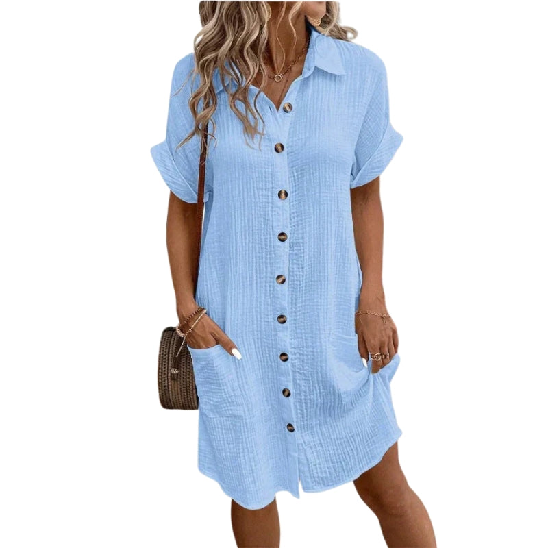 Liora – Button-Down Short Sleeve Shirt Dress with Pockets