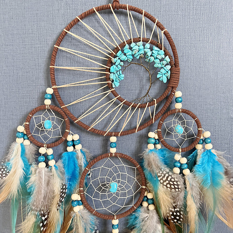 AuraNest – Turquoise Tree of Life Dream Catcher with Feather Accents