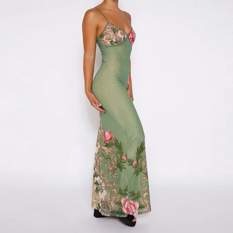 Elara – Floral Maxi Dress with Spaghetti Straps and Slim Silhouette