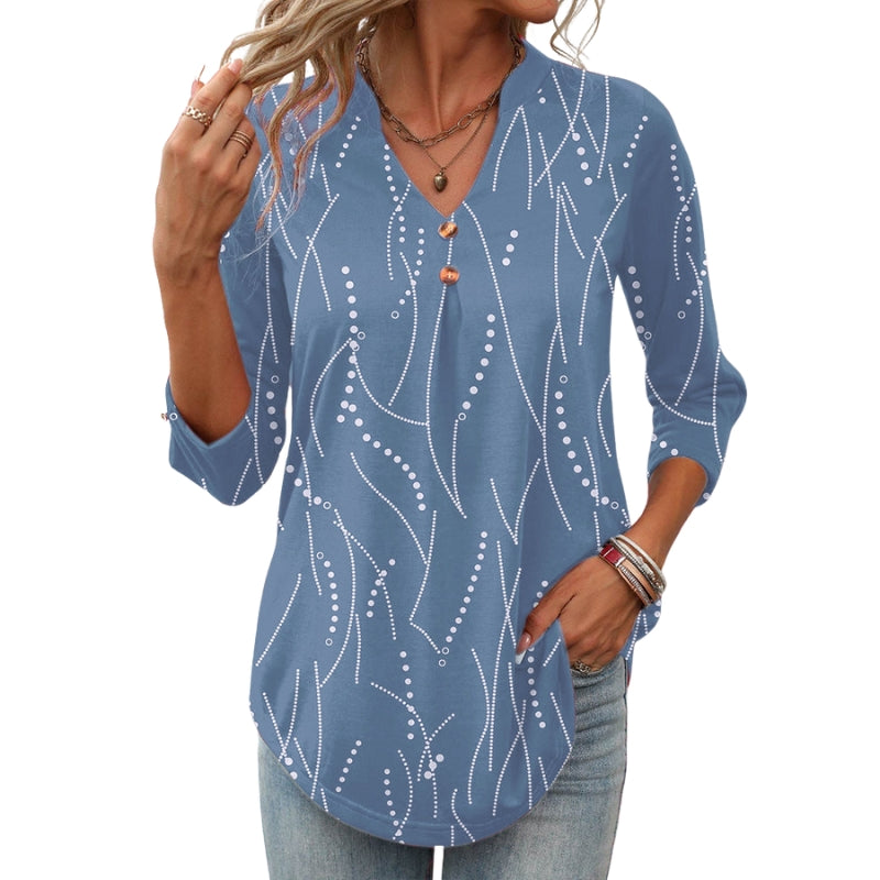 Marena – Patterned V-Neck Blouse with 3/4 Sleeves