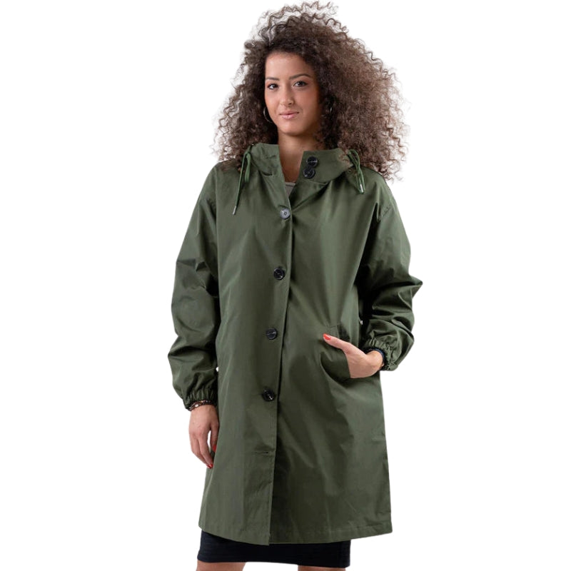 Aria – Hooded Long Jacket with Button Closure and Functional Pockets