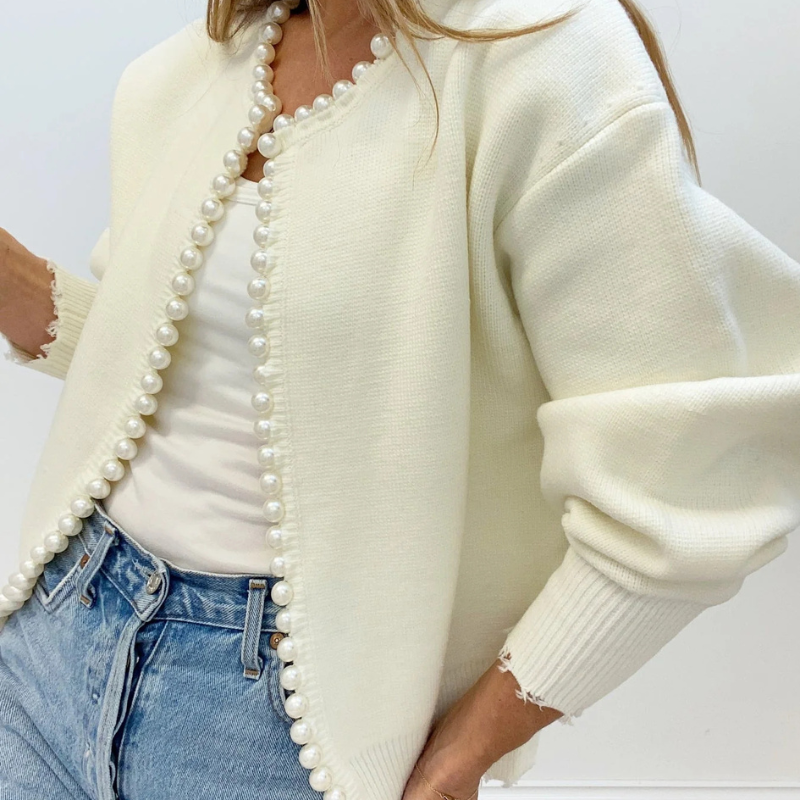 Maribel – Knit Cardigan With Pearl Trim and Ripped Hem