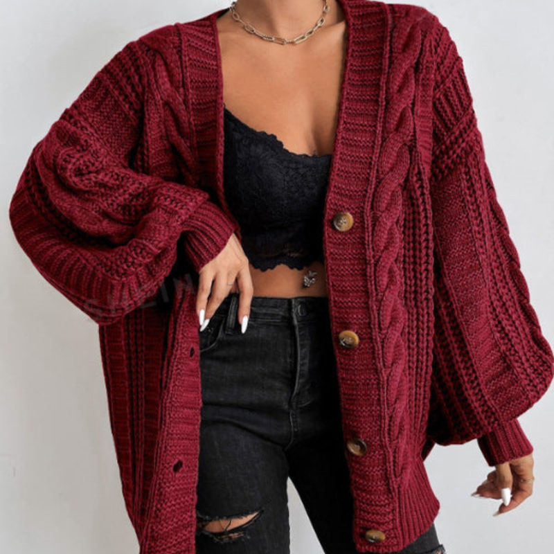 Anna – Cable Knit Cardigan With Button Front and Ribbed Trim