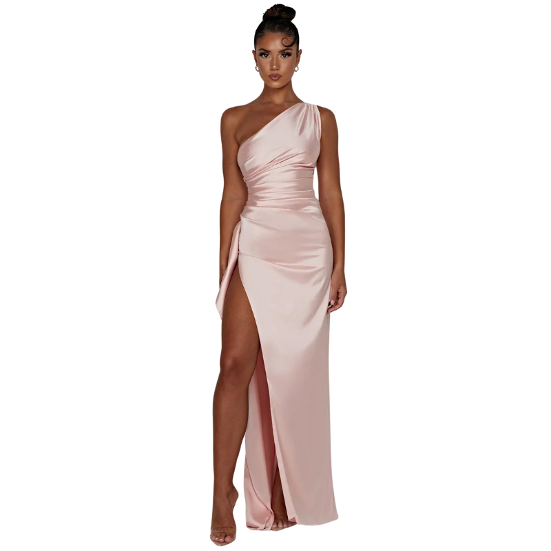 Eliana – Pleated Satin Dress with One-Shoulder Split Design