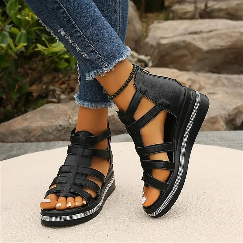 Sofia – Open-Toe Rhinestone Wedge Sandals with Breathable Upper