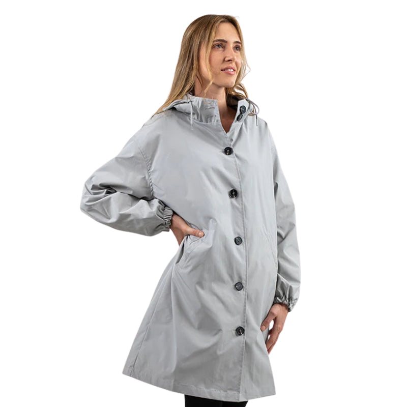 Aria – Hooded Long Jacket with Button Closure and Functional Pockets