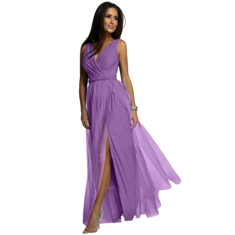 Selena – Women’s Sleeveless V-Neck Maxi Dress with Belted Waist and High Side Slits