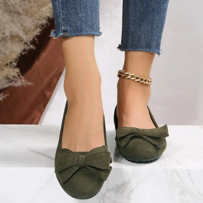 Hannah – Round Toe PU Flats with Bow Accent and Rubber Sole
