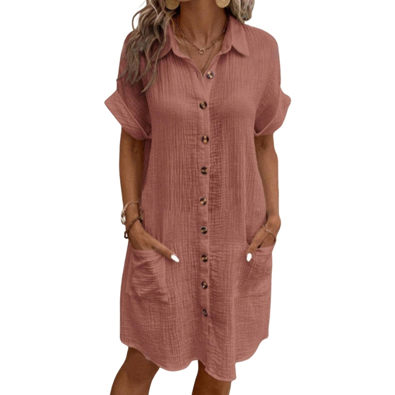Liora – Button-Down Short Sleeve Shirt Dress with Pockets