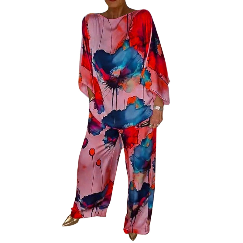 Alina – Two-Piece Satin Set with Round Neck and Floral Print