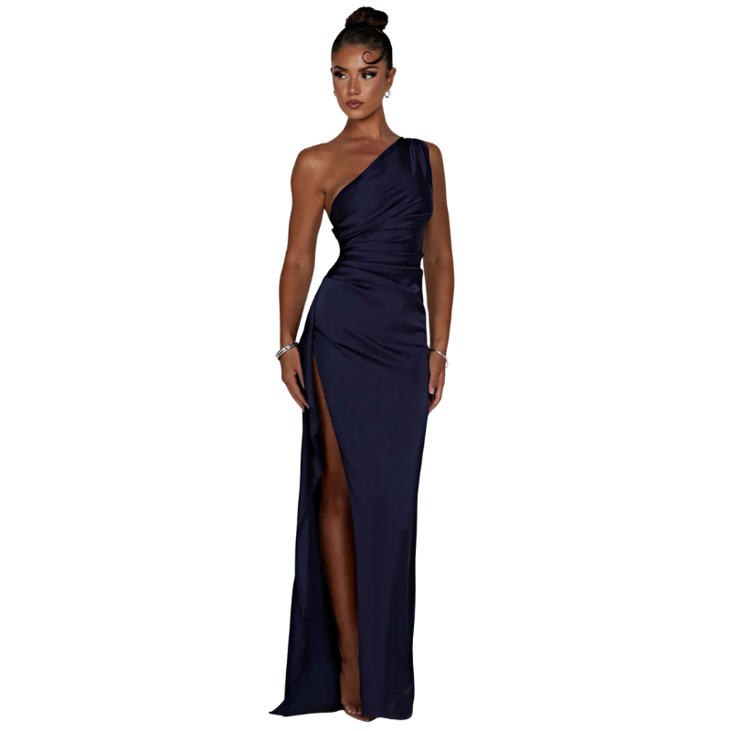 Eliana – Pleated Satin Dress with One-Shoulder Split Design